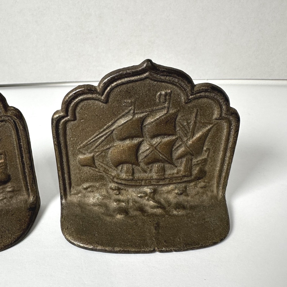 Vintage Cast Iron Sailing Ship Bookends Pair Nautical Galleon Bronze Finish - Picture 3 of 7